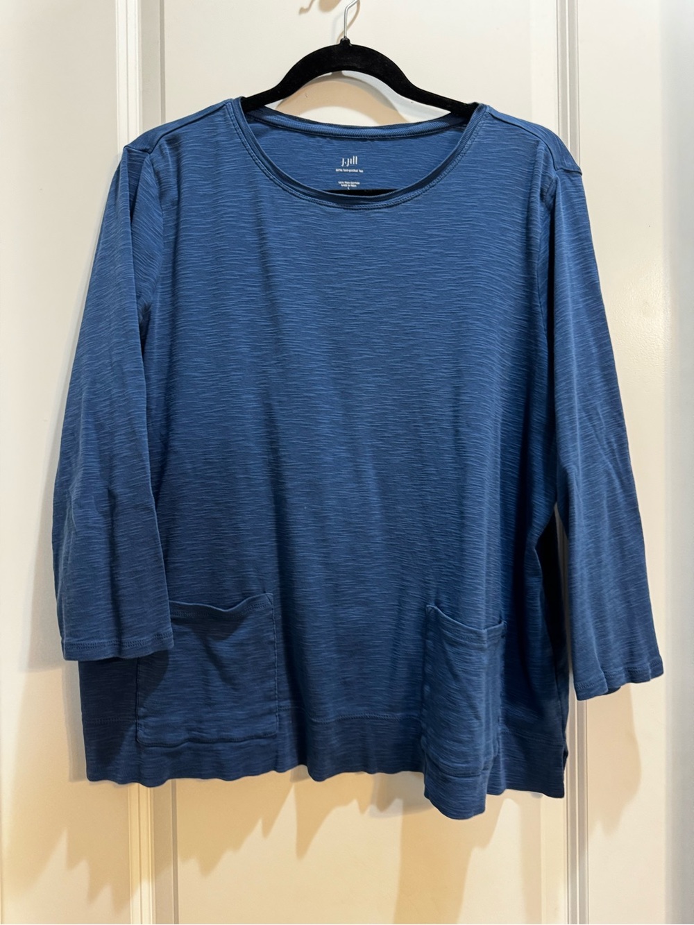 J. Jill Blue Perfect Pima 2 Pockets Tee Large 3/4 Sleeves Round Neck 100% Cotton